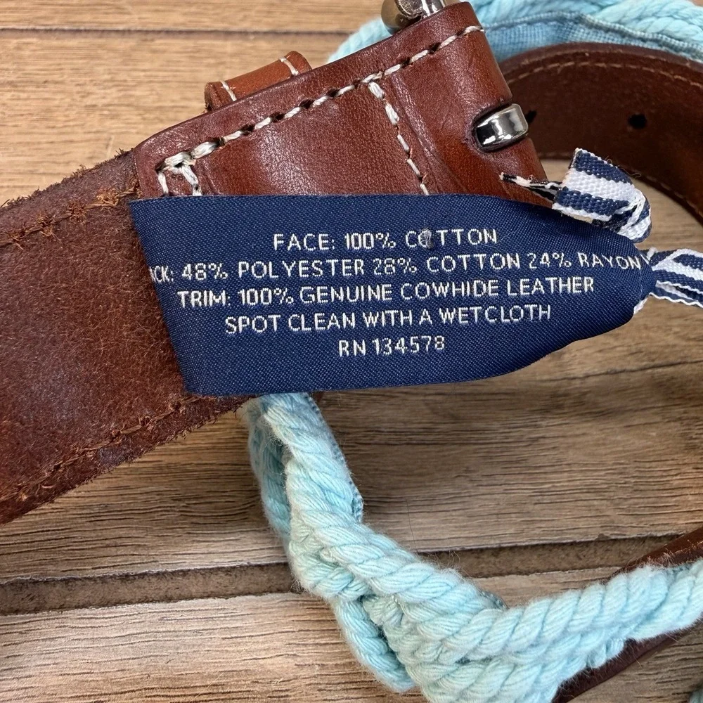 Vineyard Vines Distressed Braided Rope Belt Mens 34 Crystal Blue Brown Leather